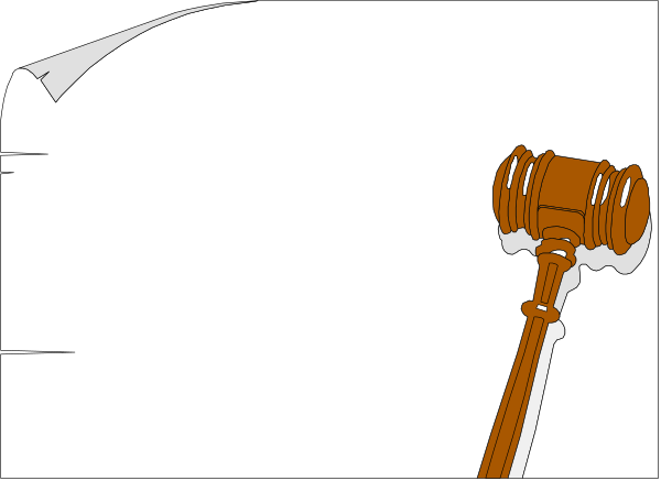 The image shows a hammer with an eye on it placed next to a gavel inside what appears to be a courtroom setting.
