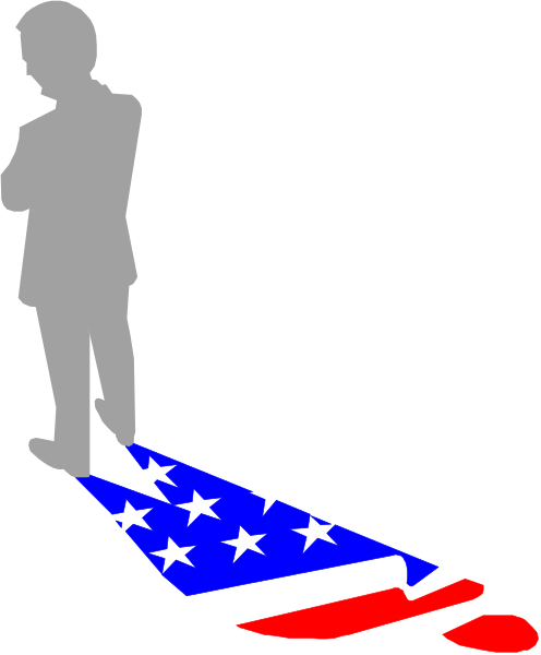 The black silhouette of a person standing on an American flag with stars around it against a dark background.