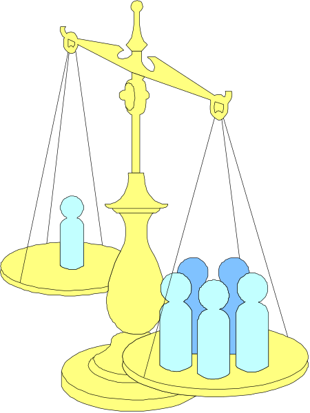 The illustration shows a scale with two weights on either side: atop left is an object that resembles a balance beam; to its right stands another weight featuring silhouettes of people in blue against a black background, and below them sits what appears to be a golden base or platform.