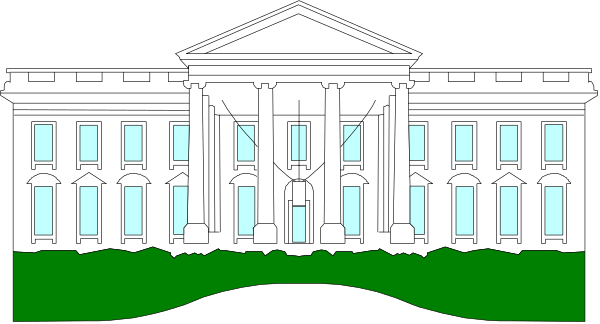The image shows a black and white illustration of an iconic building with columns that resembles the White House; it is depicted in profile view against a gray background.