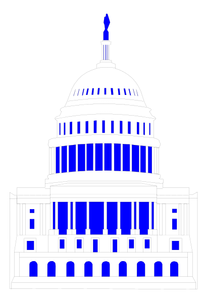 The black and white silhouette of a capitol building with columns against an American flag background.