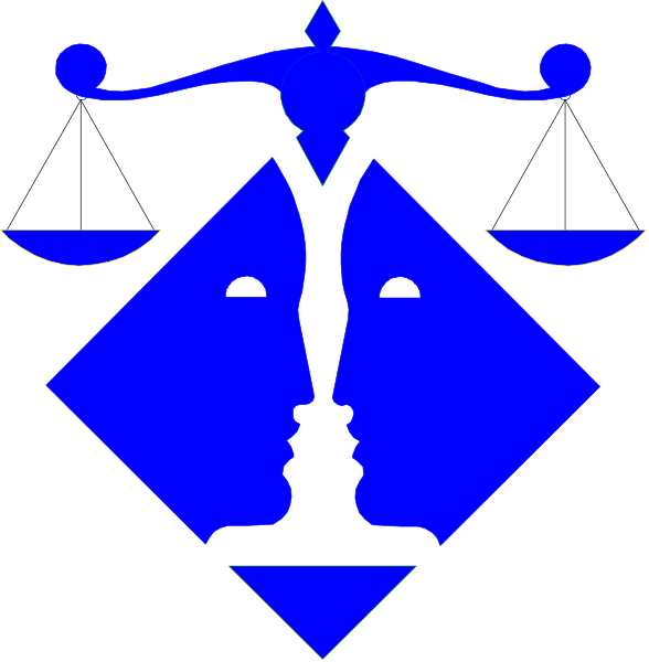 The image shows a blue diamond with two faces facing each other at its center against a black background.