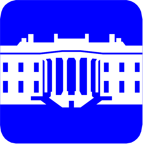 The image shows a blue square with two smaller squares on it; each of these contains an iconic white building resembling the White House in Washington D.C., flanked by columns under arches, and topped with a pediment bearing what appears to be a coat-of-arms or emblem above its entranceway. The larger square has two smaller squares on it; one shows only half of this iconic building from an angle that obscures the front facade but reveals part of the columns supporting arches, and another depicts just the top portion with the ped