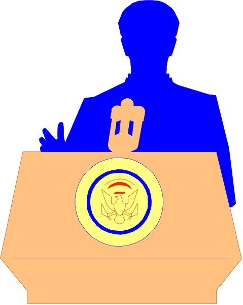 The image shows a silhouette of an individual standing at a podium with their hand raised to wave; behind them is another figure that appears to be giving a speech in front of microphones on stands labeled "CNN" and "ABC."