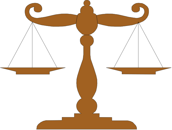 The image shows a stylized black and white illustration of an antique desk with two drawers on either side, each adorned by decorative handles; atop it is a small statue that appears to be holding scales in its hands, suggesting justice or balance themes.