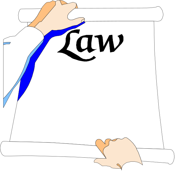 The image shows a hand holding up an open scroll with "LAW" written on it against a black background; there is no other visible content in this clip-art illustration.