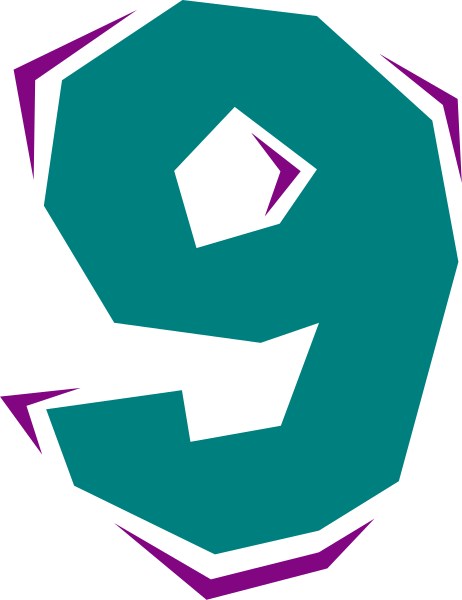 The image shows a stylized graphic of an upside down number 9 with two purple lines on either side forming what appears to be wings or decorative elements at its base. It is set against a dark background and has no additional context provided in this description. There's also some text that reads "Nine" above the image, but it doesn't provide any further information about the content of the graphic itself.