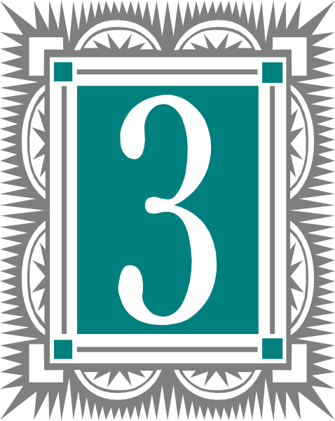 The number three inside a decorative border with an intricate design on either side of it.
