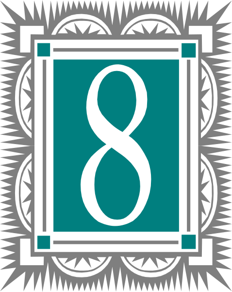 The image shows a stylized graphic with an emblem that includes geometric shapes such as circles within squares forming a border around what appears to be a number 8 in white on blue background inside another square, all set against a darker backdrop and bordered by decorative elements resembling sunbursts or rays. The style is reminiscent of heraldic designs with its use of geometric shapes for the emblem within an enclosed border that has intricate patterns around it.