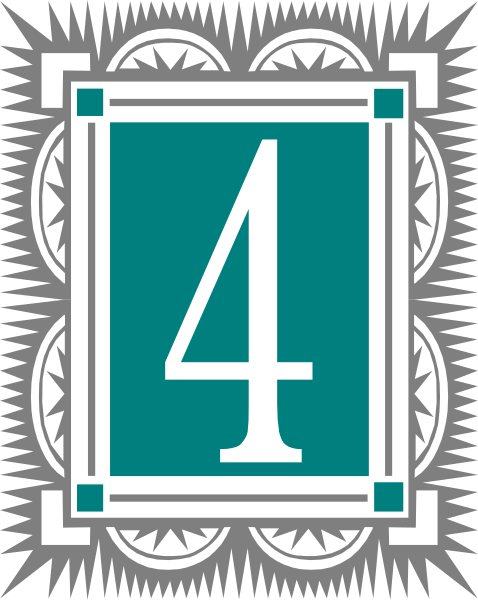 The number four inside a square frame with decorative borders on either side of it against an indistinct background.