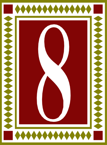 The image shows a red square with an eight inside it on top of a patterned background that includes geometric shapes like diamonds in black and white tones within borders outlined by thin lines.