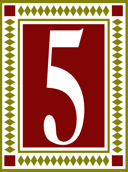 The number five displayed on a red background with decorative borders inside an orange border within a black frame.