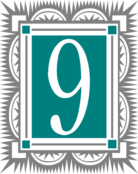 The image shows a stylized number nine with an intricate design around it inside what appears to be a square frame within another larger rectangle border.