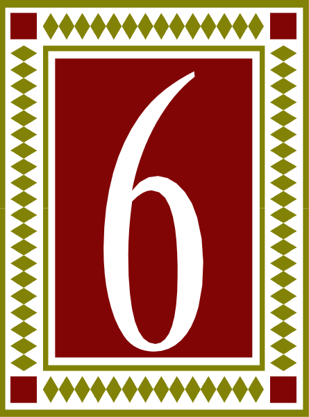 The number six displayed on a red background with decorative borders within an intricate patterned border that resembles traditional quilt designs in shades of black, white, yellow, green, blue, orange, and pink.