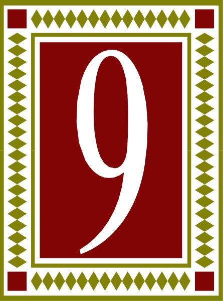 The number nine displayed on a red background with decorative borders within an illustration that resembles a playing card design.