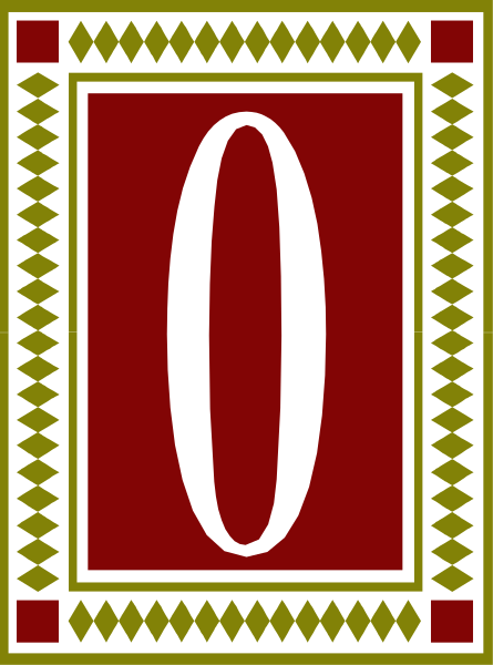 The image shows a red square with an oval design inside it on top of a patterned background that includes geometric shapes in black and white tones within borders outlined by small triangles.