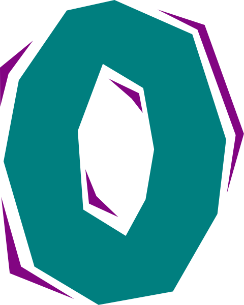 The image shows a stylized graphic of an octagon with two openings on either side, resembling a simplified representation of a lock or safe symbol in shades of blue against a dark background.