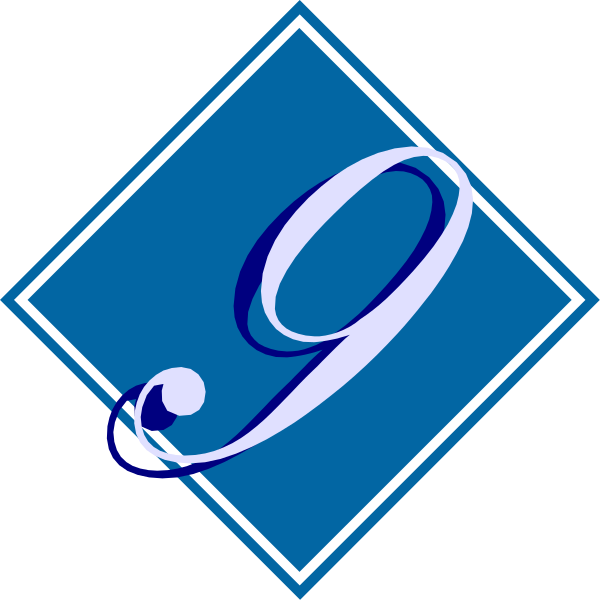 The number nine with a blue swirl design on it inside of an aqua diamond shape border.
