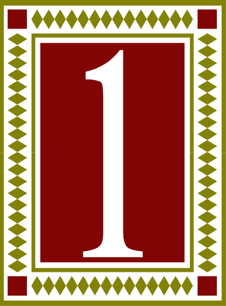 The number "1" on a red background with decorative borders featuring geometric patterns.