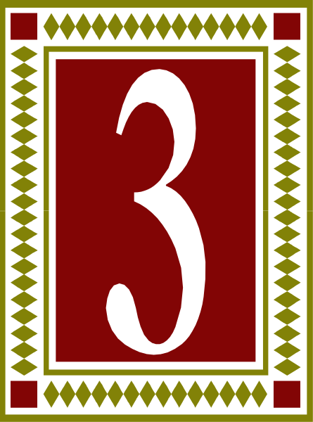 The number three inside a red square with decorative borders on an abstract background featuring geometric shapes.