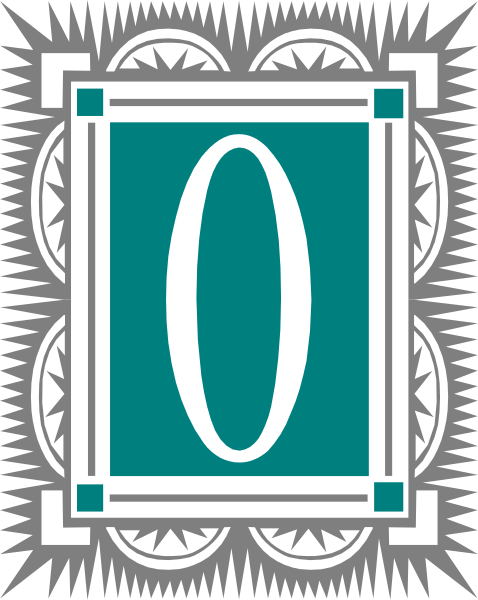 The image shows a stylized graphic with an emblem that includes geometric shapes such as circles within squares forming what appears to be a shield-like design at its center. Surrounding this central motif is decorative border featuring intricate patterns and possibly some text, which seems to include the number "0" prominently displayed in large white font with blue outlines on an aqua background that has radial lines emanating from it towards a darker outer edge of the image. The overall style suggests this could be part of a logo or symbol for something related to zero-
