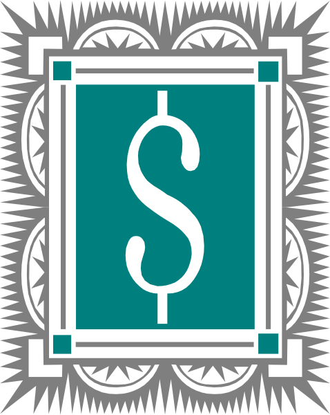 The image shows a stylized graphic of an emblem with a dollar sign at its center within a square frame that has decorative borders resembling coins on either side.