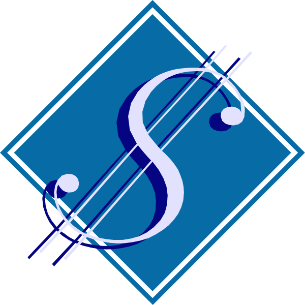 The image shows a blue diamond with musical notes inside it on top of another square that contains two white lines forming an 'S' shape in black against a dark background.