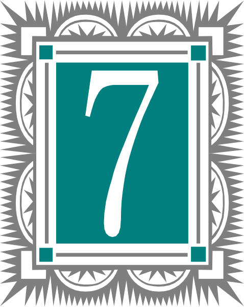 The number seven inside a decorative border with an intricate design around it on what appears to be a signpost-like background.