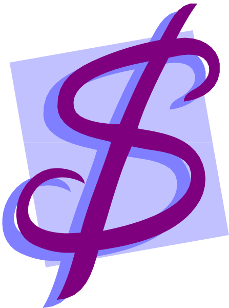 The image shows a stylized purple dollar sign with swirls around it on top of what appears to be an abstract background in shades of gray.