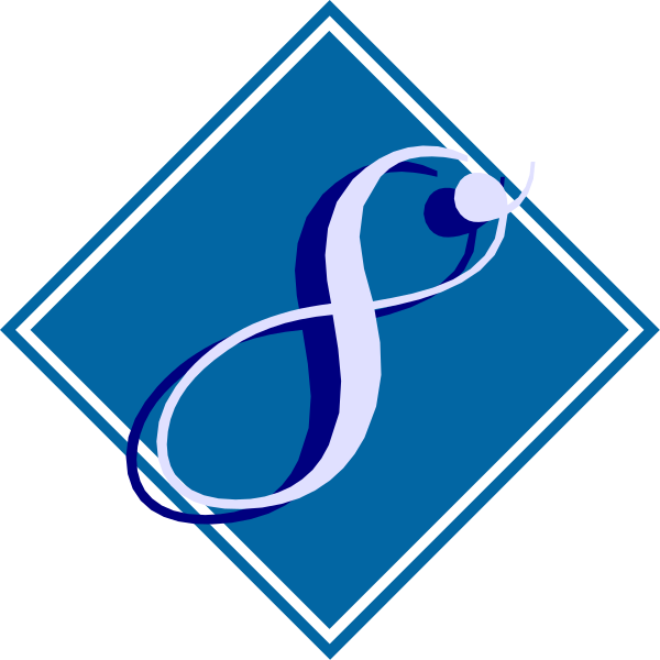 The image shows a logo with two interconnected loops forming an 'S' shape inside a blue diamond border on top of another square frame in black coloring against white background.