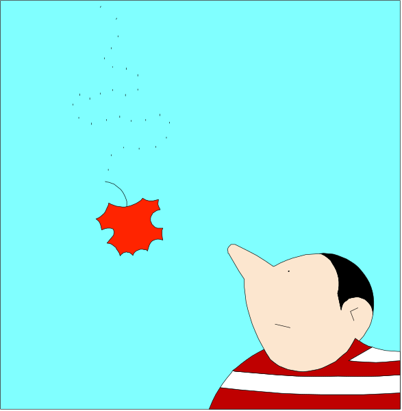 The cartoon shows a character with an exaggeratedly large head looking out of a window at something flying past him; there is no text present in this image.