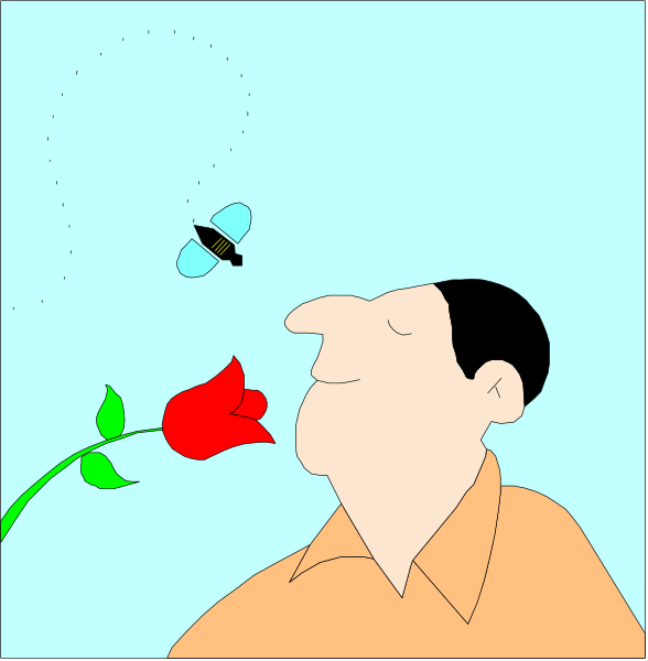 The illustration shows a man with his eyes closed near an open window where two butterflies fly by; he is holding up one finger as if to catch them.