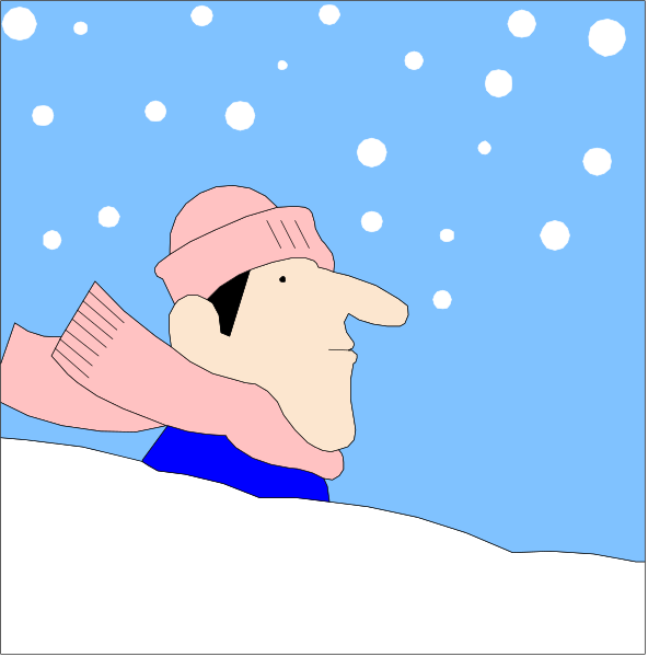 The cartoon shows a man wearing winter clothing standing on snowy ground with flakes falling around him; he is looking to his right while holding onto something that appears to be pink scarf-like material in one hand and has another piece of similar fabric draped over his shoulders, suggesting cold weather.