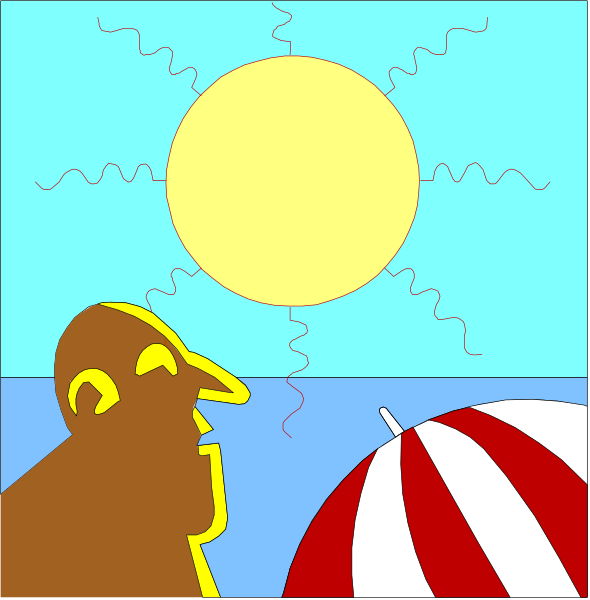 The image shows a cartoon of two characters standing under an umbrella on what appears to be a beach during sunset; one character is looking up at the sky with their hand raised as if in surprise, while another looks out towards the water and horizon where the setting or rising sun casts long shadows.
