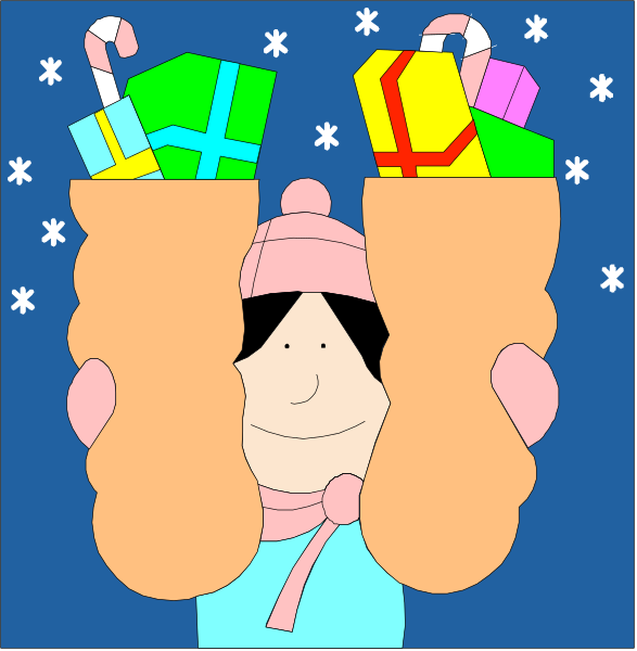 The cartoon shows a character with large hairy hands holding two gift bags filled with presents; it's snowing outside as indicated by falling white flakes against a dark blue sky background.