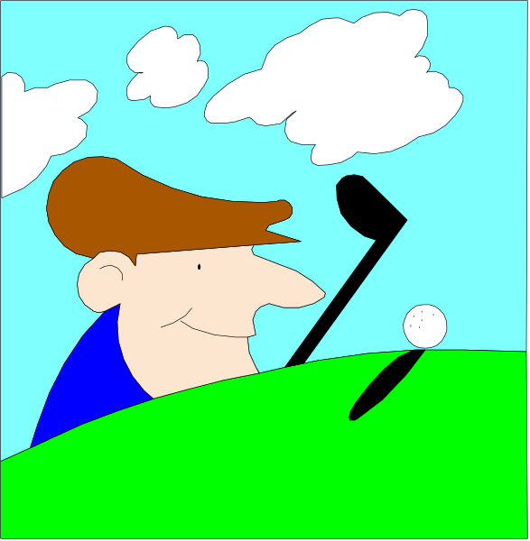 The cartoon shows a man playing golf on an outdoor course with clouds above him; he is holding his club over the ball in preparation to swing at it while standing next to a green grassy area that appears well-maintained, and there's another panel showing two different scenes of this same character.