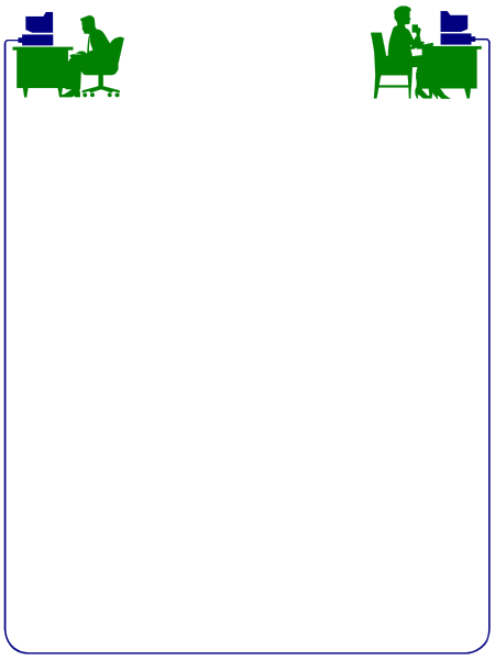The image shows a black rectangle with two silhouettes of figures sitting at desks facing each other on either side; there is no text present in this clip-art illustration.