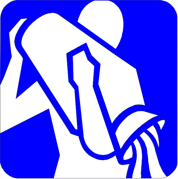 The image shows a blue icon with two white stick figures: on the left side of an arrow pointing to the right is another figure holding what appears to be toilet paper in its hands; both characters have their backs turned, and there's no visible face detail or facial features that would indicate gender or age.