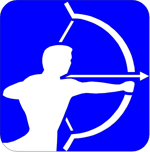 The image shows two blue signs with white outlines featuring a stylized archery target on each side connected by an arrow pointing from one to another. On both sides of this connection is a silhouette of an athlete in mid-action, suggesting motion or progression between the targets.