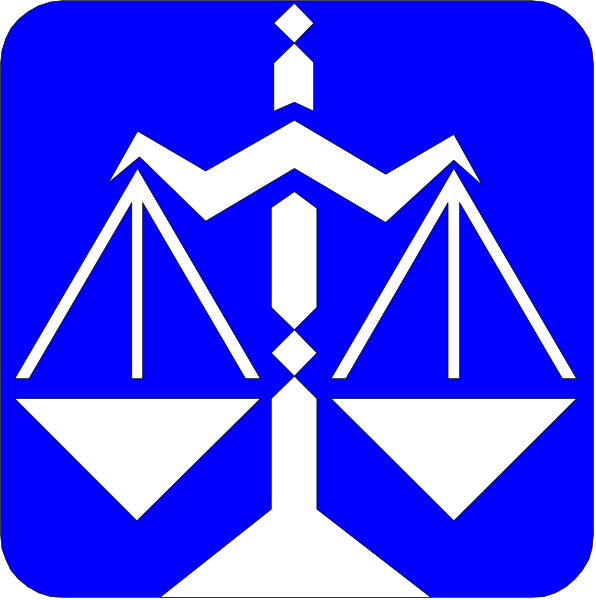 The image shows a blue icon with white text that includes symbols of scales (a balance scale), gears (representing justice system machinery) on either side of an abstract representation resembling a building block, and two interlocking pieces forming what appears to be a lock or key symbol in the center.