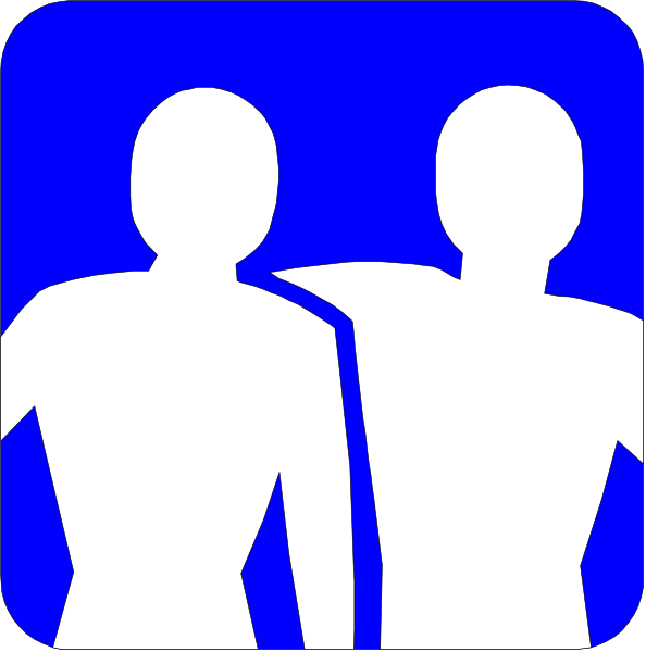 The image shows a blue icon with two white silhouettes of human figures standing side by side against an abstract background that resembles a stylized cityscape at nighttime.