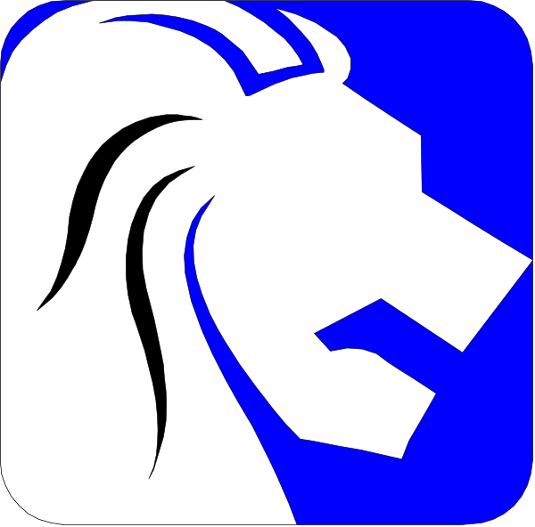 The logo of a company with an abstract design resembling a stylized horse's head on top right corner against blue background.
