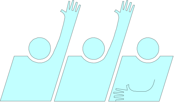 The image shows a black and white silhouette of three figures with their arms raised high above them against an abstract background that resembles waves or ripples in shades of blue-gray tones.