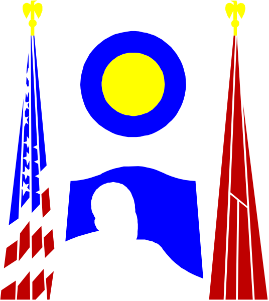 The image shows a stylized representation of an American flag with stars on it to its left side against a dark background; in front is a silhouette figure seated at a desk under what appears to be a light source, possibly symbolizing power or authority; above this central figure are two flags flanking the top corners.