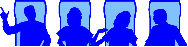 The image shows a group of silhouetted figures standing against a blue background with their backs to us; there is no text present in this clip-art illustration.