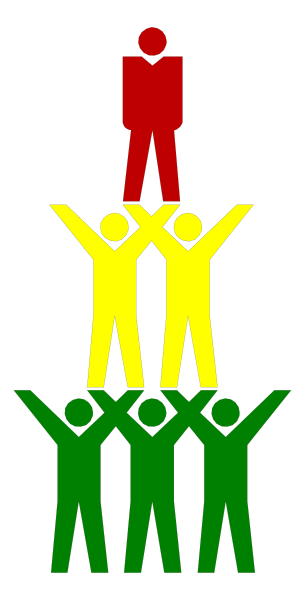 The image shows a group of five stylized figures standing on top of each other with their arms raised high; atop this pyramid is an additional figure that appears to be observing from above.
