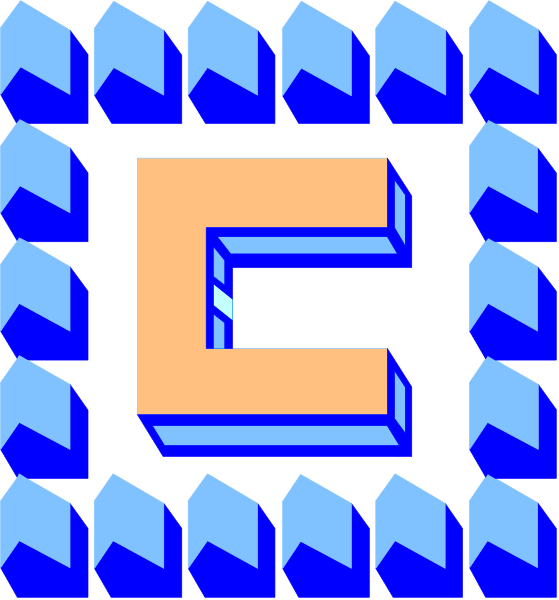 The image shows a stylized graphic with an abstract design featuring geometric shapes such as cubes arranged to form what appears like letters "C" and possibly other characters that resemble puzzle pieces in shades of blue, red, white, and black against a dark background.