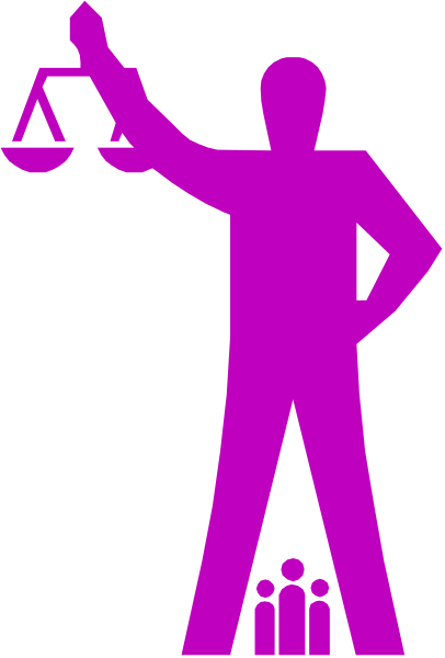 The image shows a purple silhouette of an adult male figure holding up a scale with his right hand while standing on top of what appears to be a pedestal that has three crowns at its base; there is no background detail visible in this cropped section, and it's not possible to provide more information about the setting or additional objects.