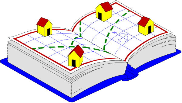 The image shows a stylized map with various elements such as houses, roads, trees, water bodies, buildings labeled "school," and arrows indicating directions to different locations within this fictional town layout.