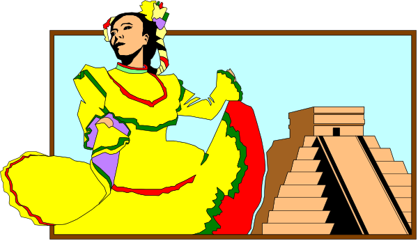 The image features a pixelated depiction of an animated character resembling a woman with traditional Mexican attire standing next to what appears to be a pyramid-like structure in front of her; she is holding something that looks like a flower, and there's another figure on the right side.